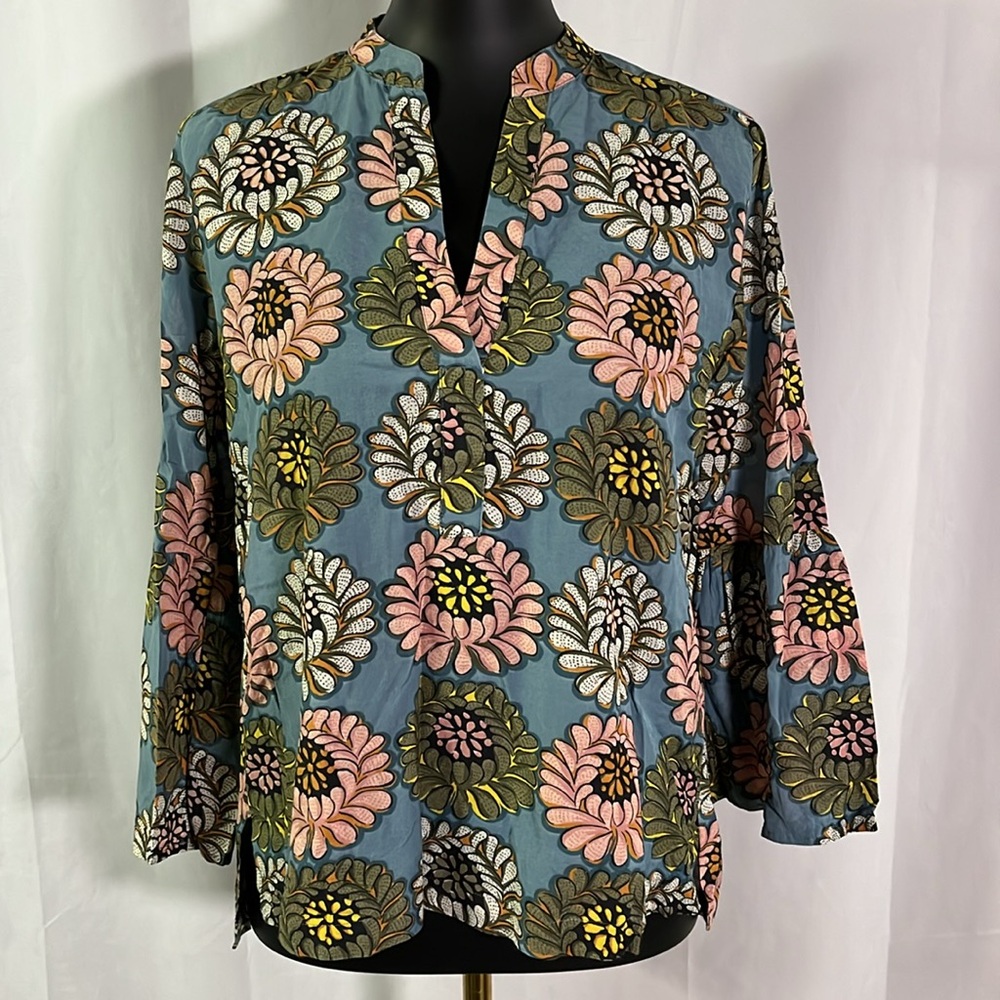 LOFT Blue Pink & Green Bell Sleeve V-Neck The Softened Blouse